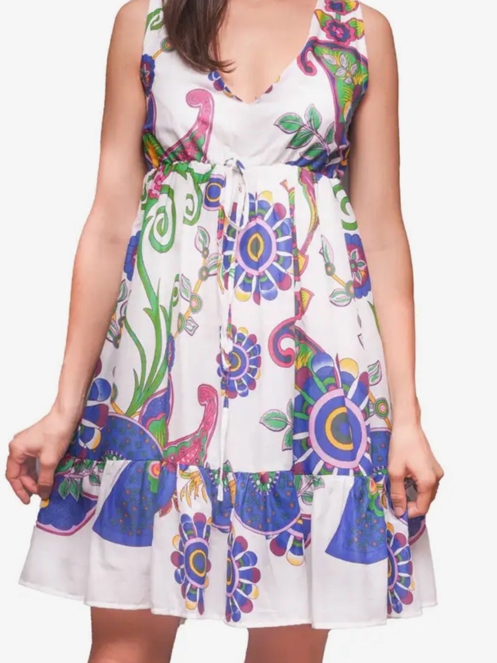 White Floral Print V-Neck Babydoll Dress